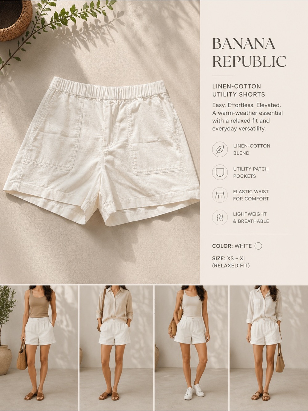 Banana Republic White Linen-Cotton Utility Shorts with Elastic Waist